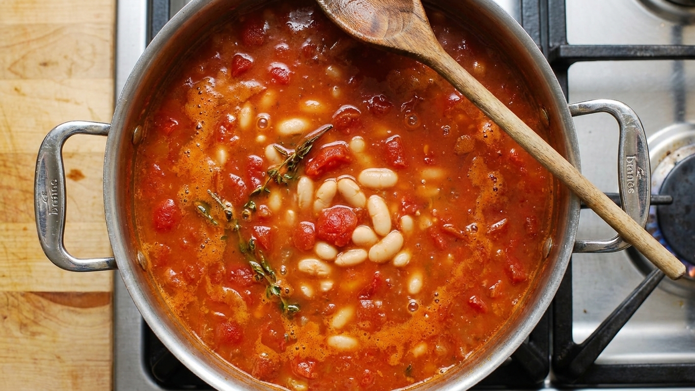 A pot of simple tomato and white bean soup simmering on a stovetop with a wooden spoon resting on the rim