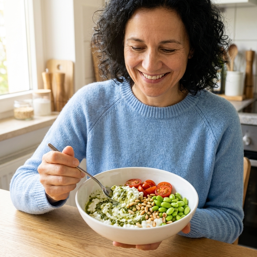 A protein-packed bowl with cottage cheese swirled with pesto, edamame, cherry tomatoes, and toasted pine nuts