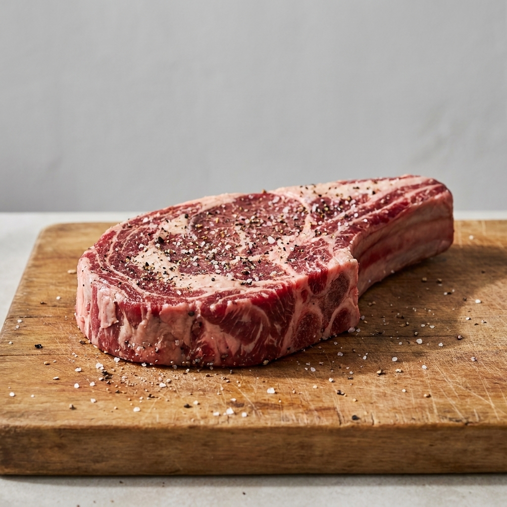 A raw, thick-cut ribeye steak on a cutting board seasoned with coarse salt and black pepper, ready for cooking