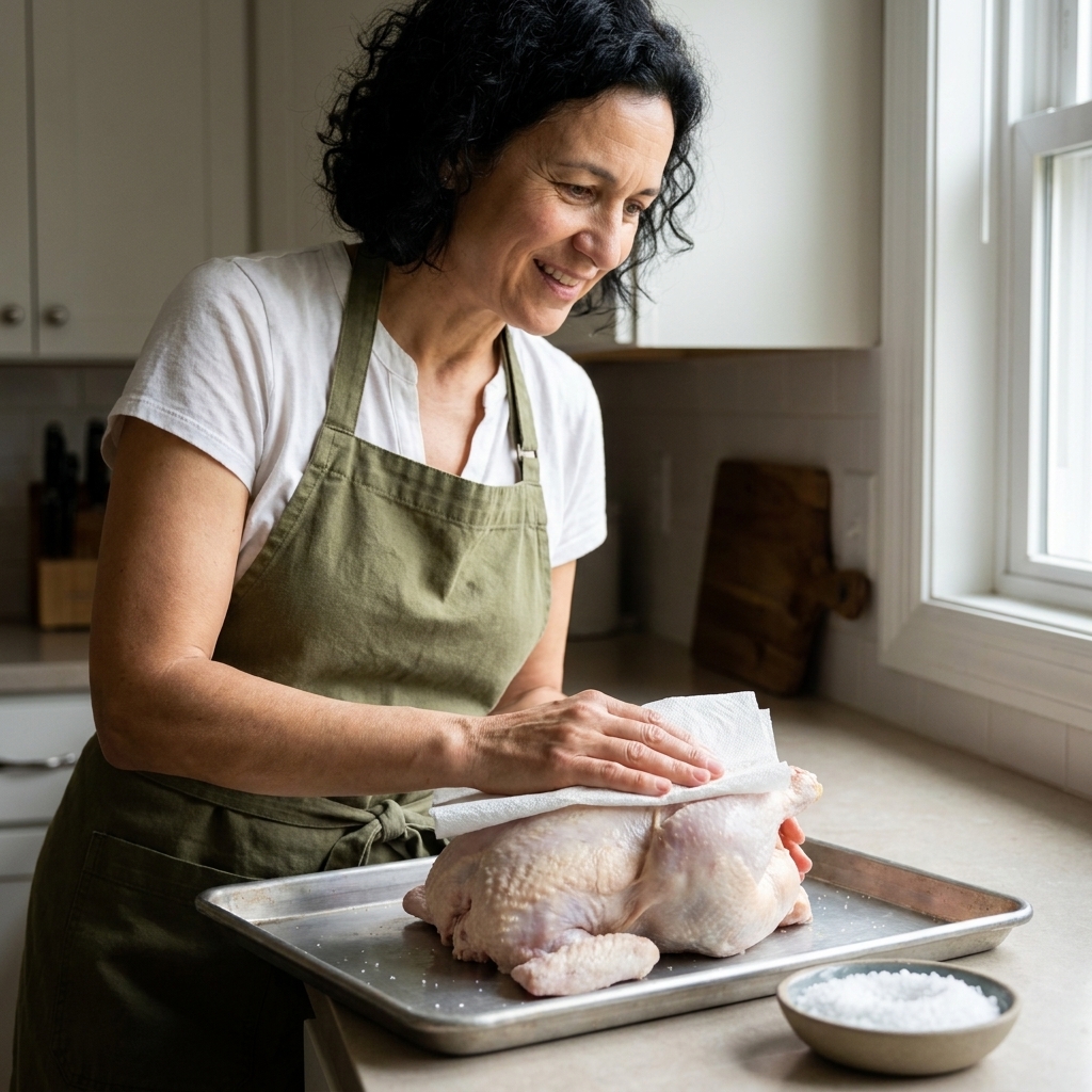 A raw whole chicken on a sheet pan being patted dry with paper towels next to a small bowl of kosher salt
