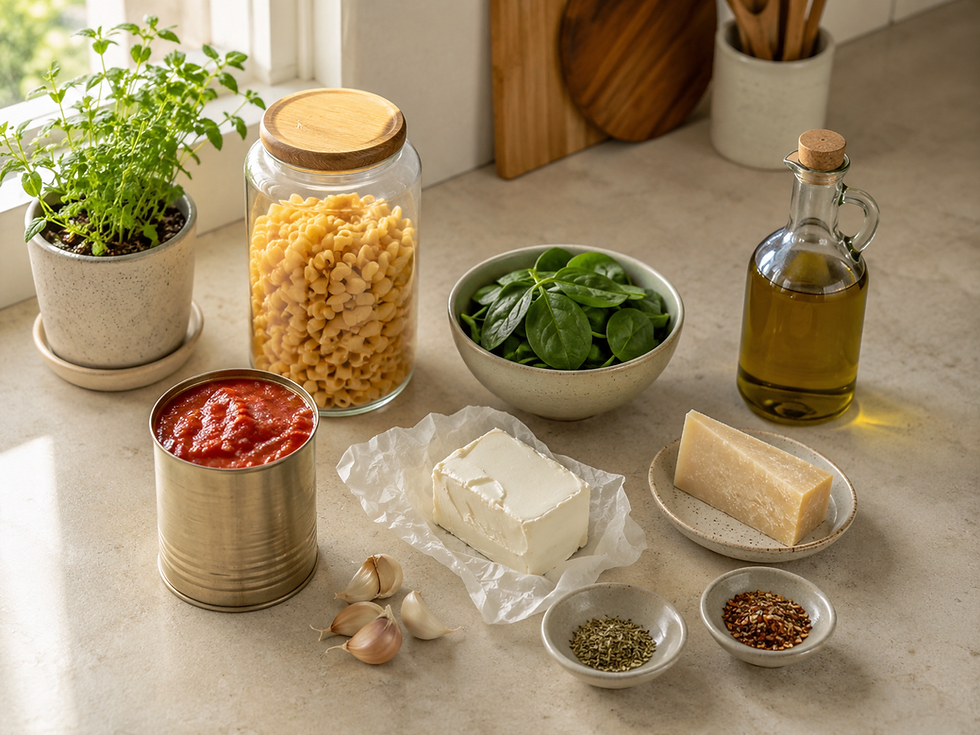 A real-life kitchen counter with a box of spaghetti, canned tomatoes, chickpeas, olive oil, garlic, and a skillet ready for cooking, warm evening light