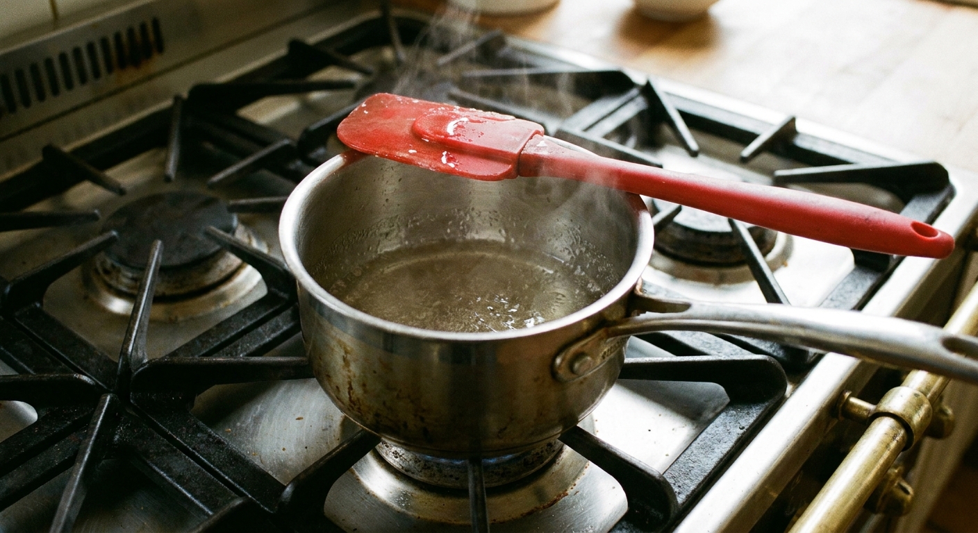 A real photograph of a small saucepan on a stovetop with clear sugar syrup gently steaming, a silicone spatula resting on the rim