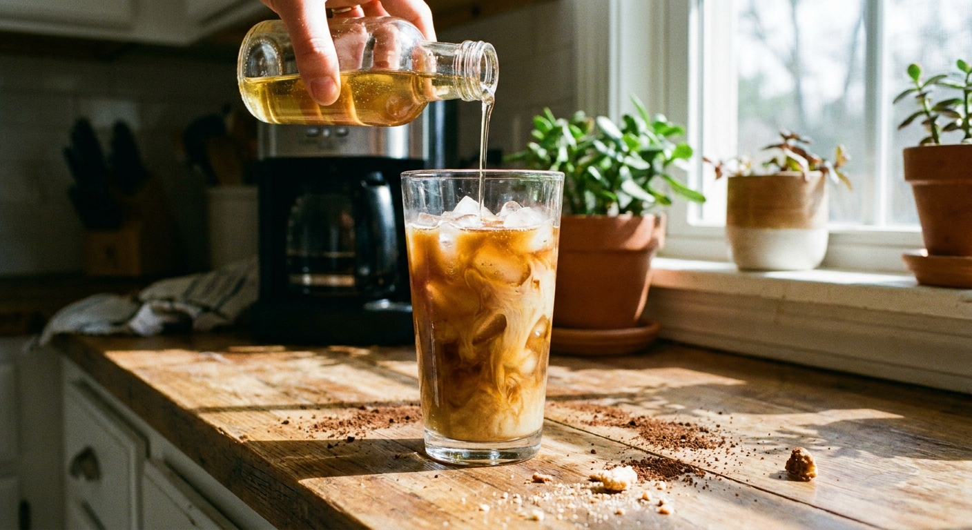 A real photograph of vanilla syrup being poured from a small glass bottle into a tall glass of iced coffee with ice cubes on a kitchen counter