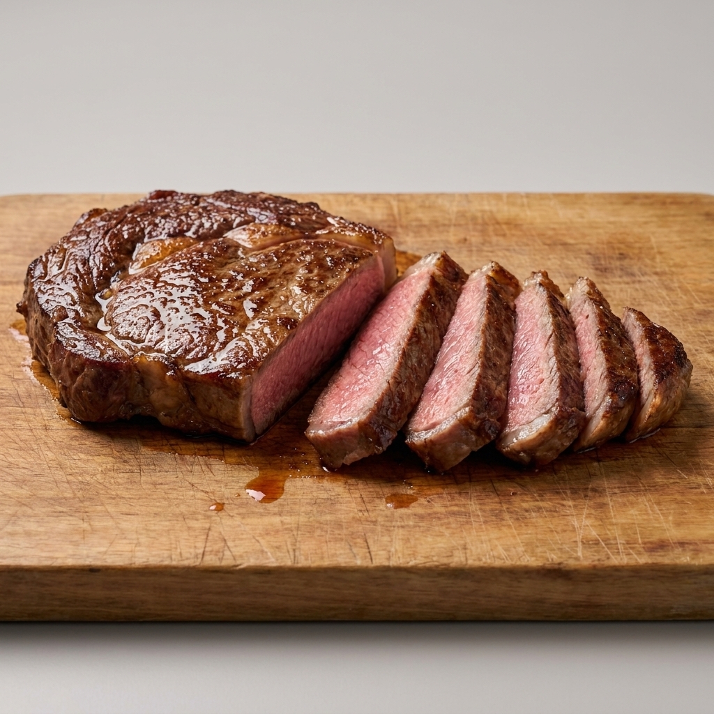 A rested reverse-seared steak sliced into thick strips on a wooden cutting board with juices glistening on the browned crust