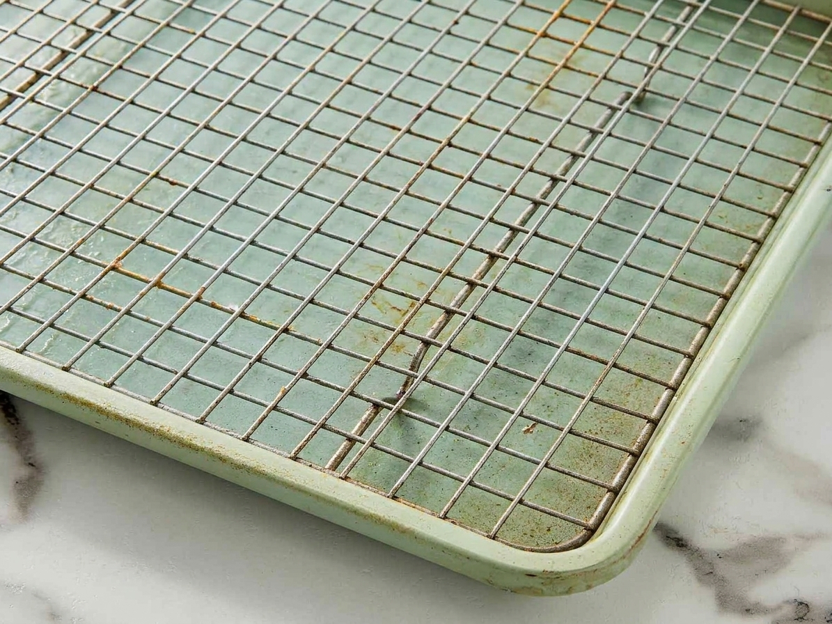 A rimmed baking sheet with a metal wire rack set inside it, ready for chicken thighs to be arranged skin-side up