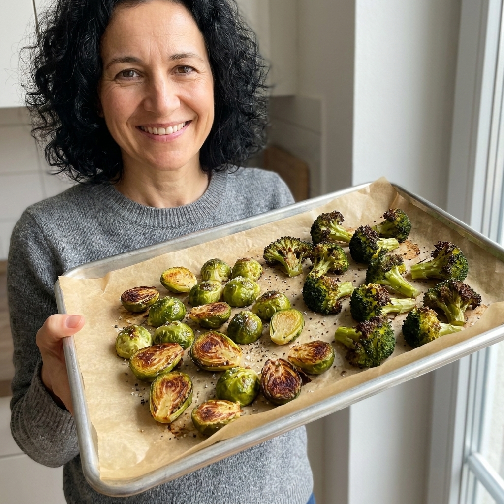 A rimmed sheet pan lined with parchment paper holding roasted Brussels sprouts and broccoli with caramelized edges
