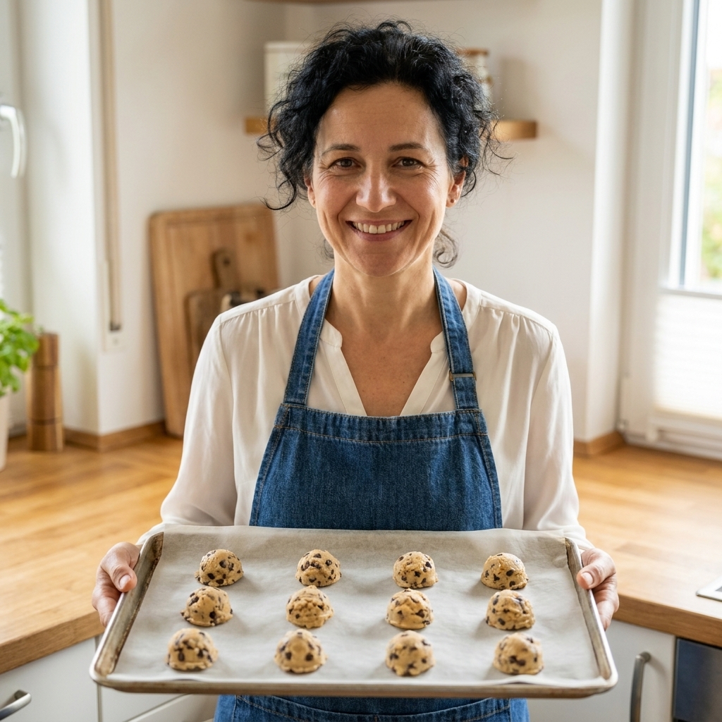 A rimmed sheet pan lined with parchment paper holding evenly spaced scoops of cookie dough before baking