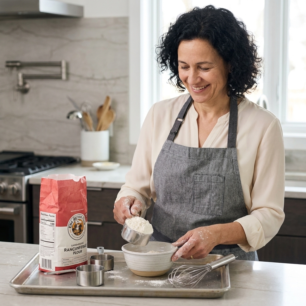 A rimmed sheet pan on a kitchen counter holding measuring cups, a flour bag, and a small bowl to catch spills during baking prep