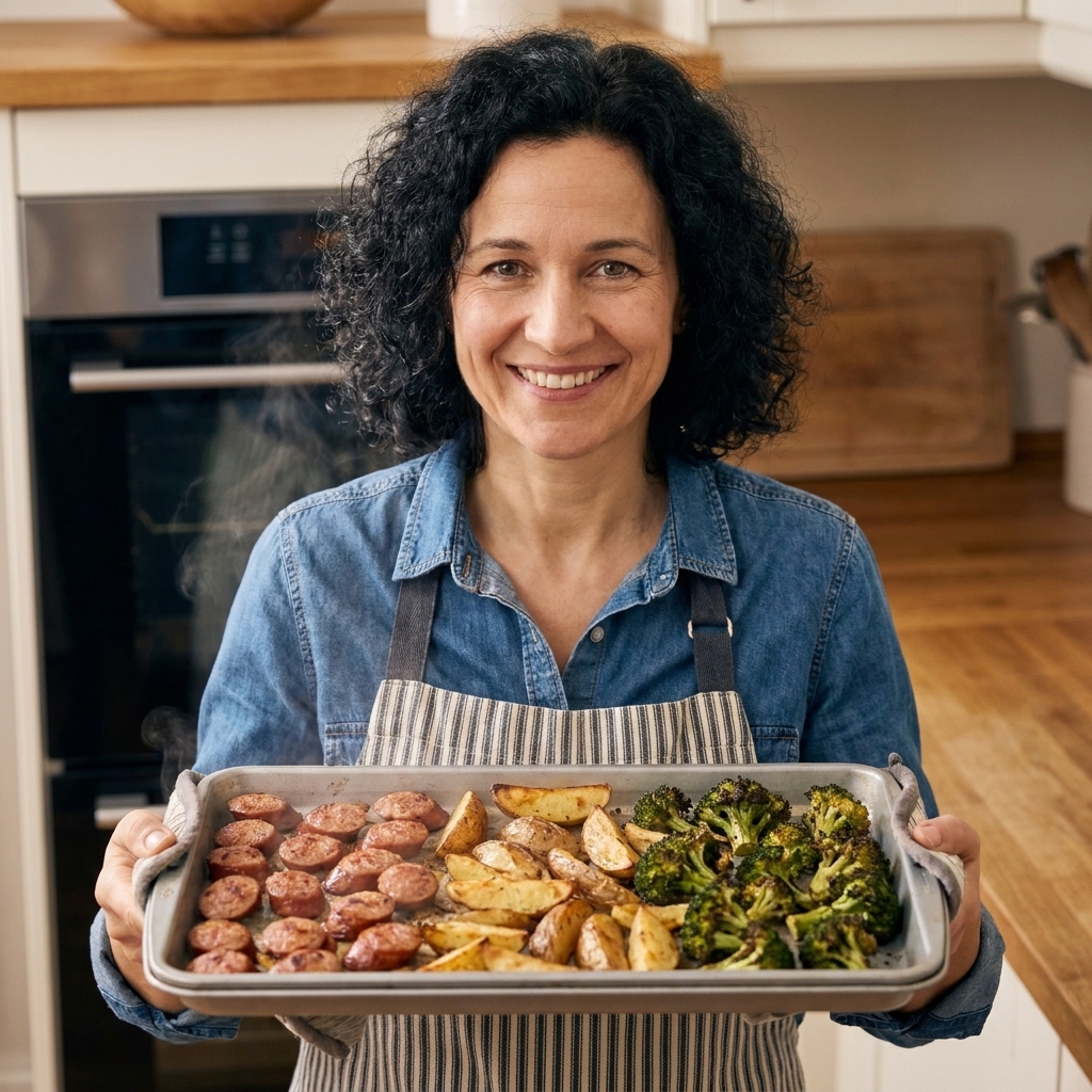 A rimmed sheet pan with roasted sliced sausage, browned potatoes, and broccoli florets fresh from the oven