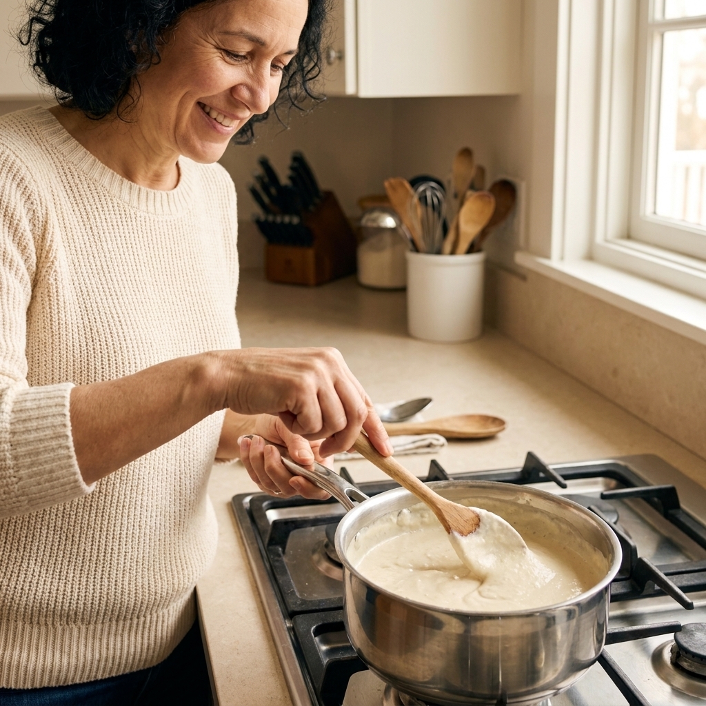 A saucepan filled with creamy cashew Alfredo sauce being stirred with a wooden spoon on a stovetop