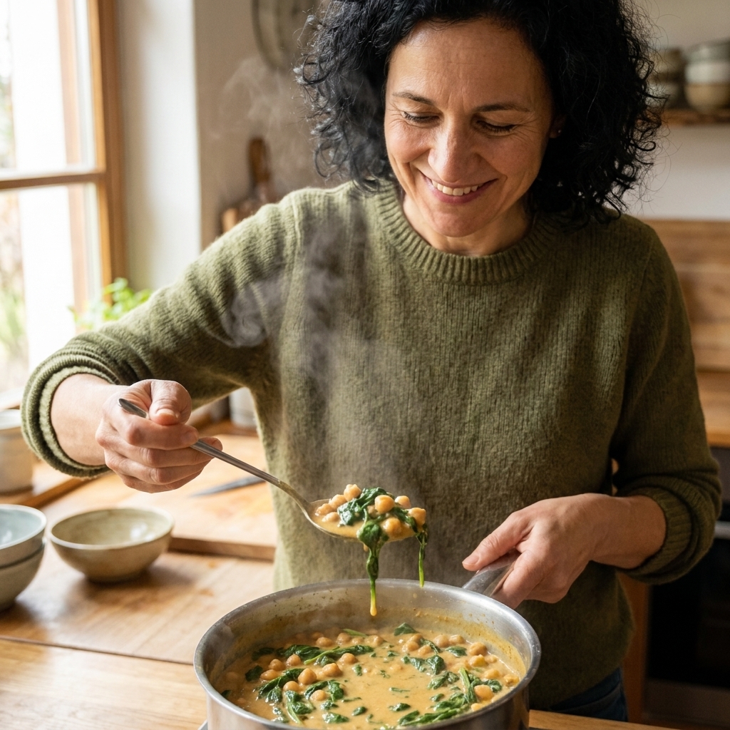 A saucepan of creamy coconut chickpea curry with spinach and a spoon hovering above