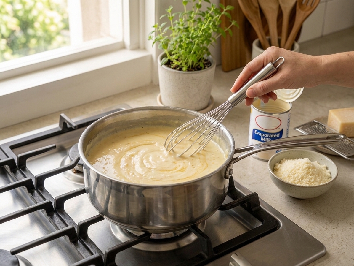 A saucepan of creamy pasta sauce being whisked, with evaporated milk and grated cheese nearby
