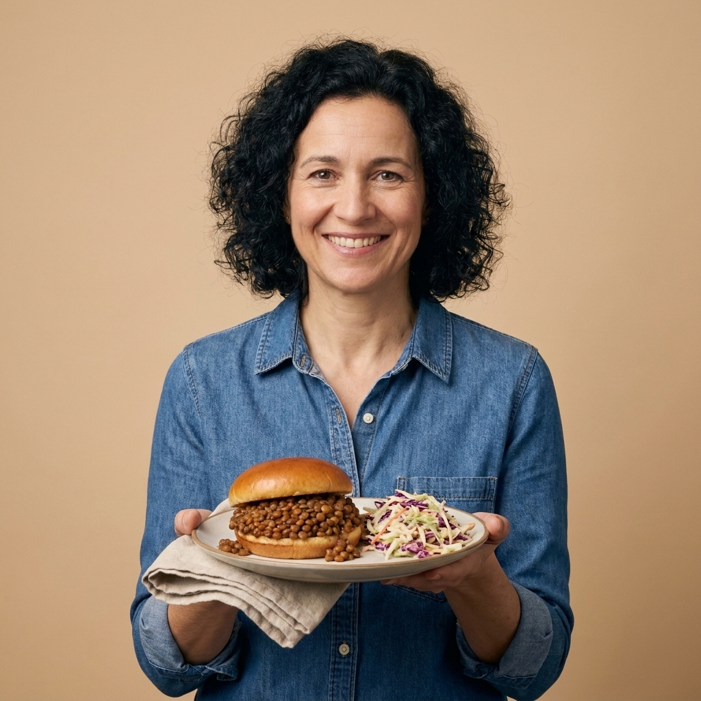 A saucy lentil sloppy joe piled on a soft bun with a napkin and a simple side on a dinner plate