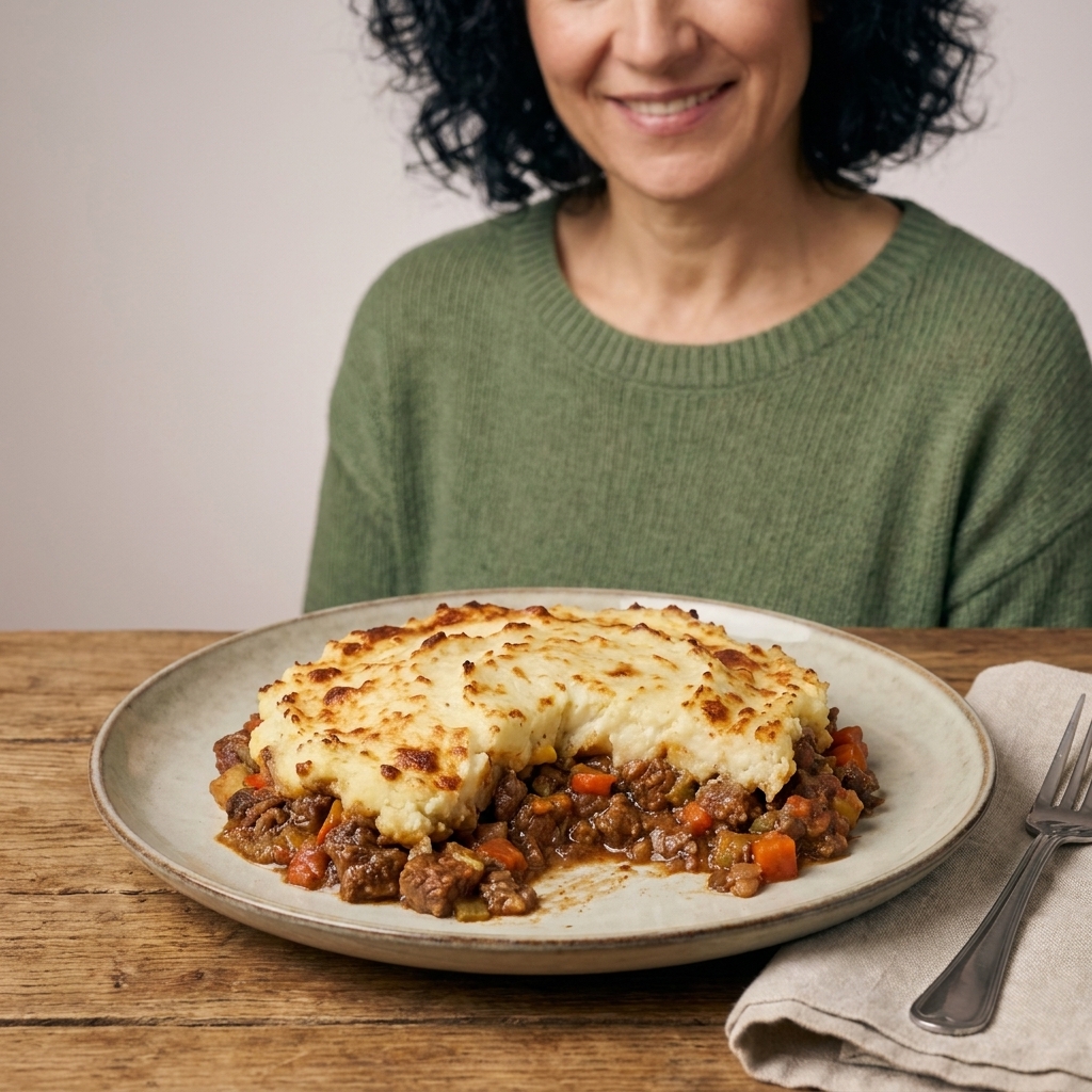 A serving of keto shepherd’s pie with cauliflower mash topping and a rich beef filling visible underneath on a dinner plate