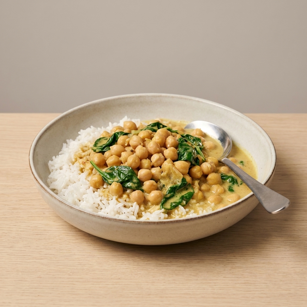 A shallow bowl of chickpea coconut curry spooned over white rice, with visible chickpeas and wilted spinach