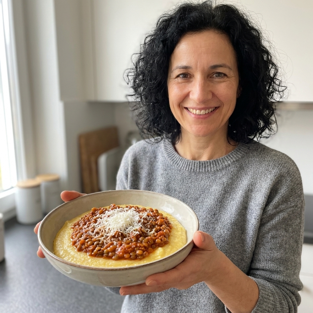 A shallow bowl of creamy polenta topped with thick lentil tomato sauce and grated cheese