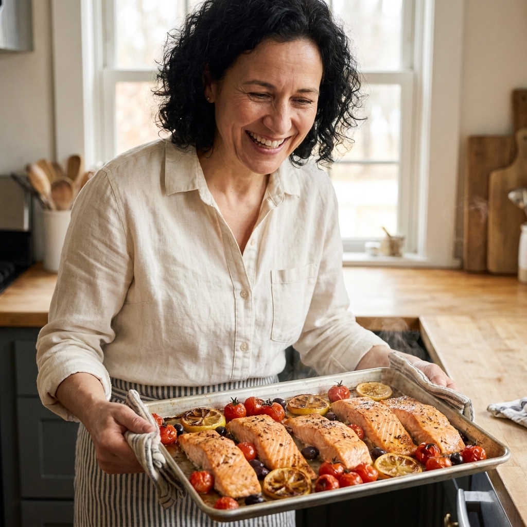 A sheet pan holding roasted salmon fillets with blistered cherry tomatoes, sliced lemons, and olives fresh out of the oven