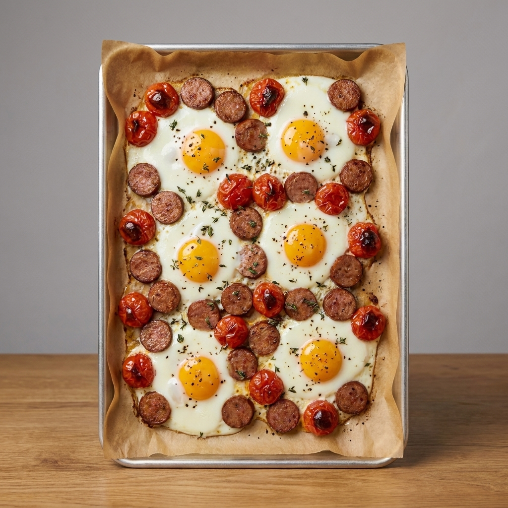 A sheet pan lined with parchment holding baked eggs with sausage rounds and roasted cherry tomatoes