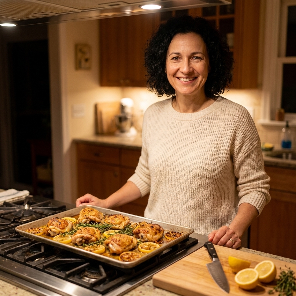 A sheet pan of roasted chicken thighs with lemon slices and herbs resting on a stovetop next to a cutting board under warm kitchen lighting