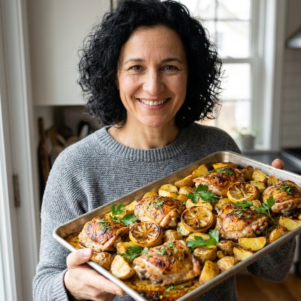 A sheet pan with roasted lemon herb chicken thighs and crispy potatoes, browned at the edges with fresh parsley sprinkled on top