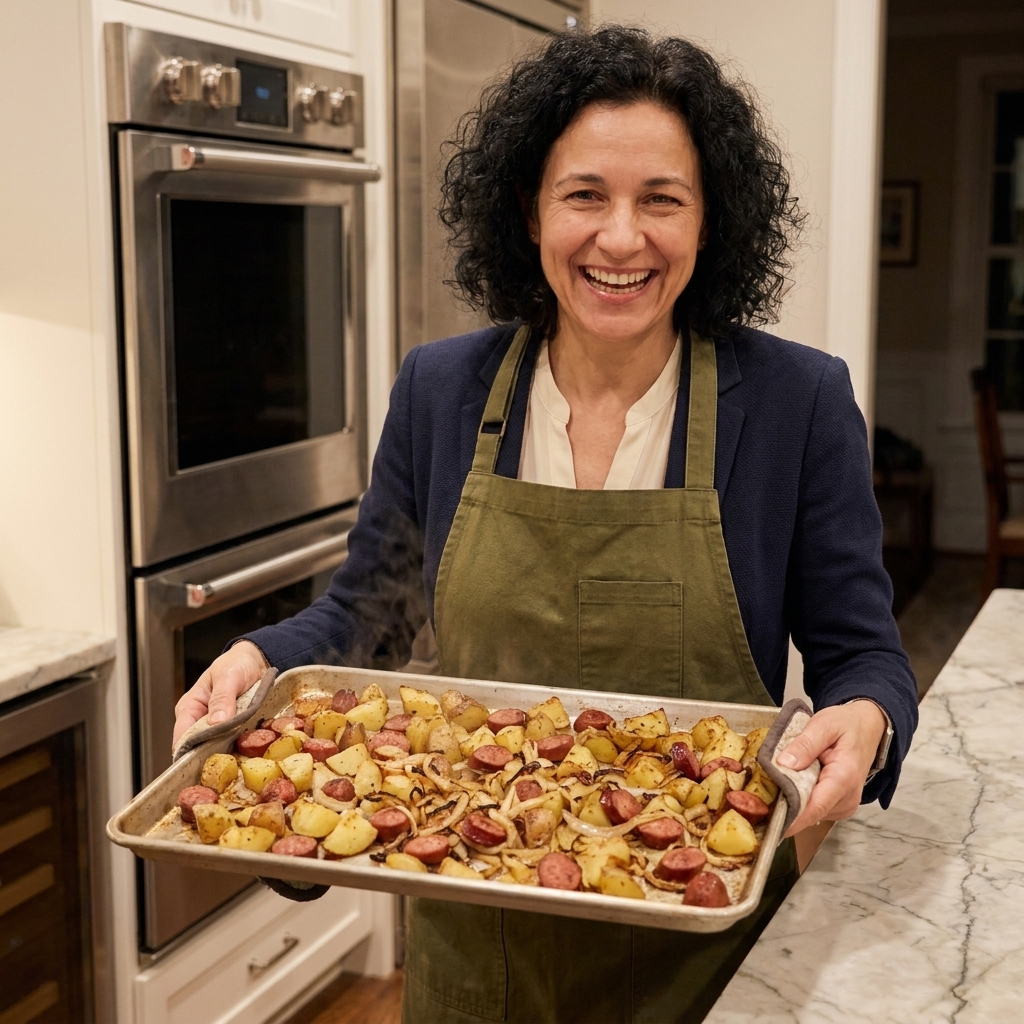 A sheet pan with roasted potato chunks, sliced smoked sausage, and browned onions fresh from the oven