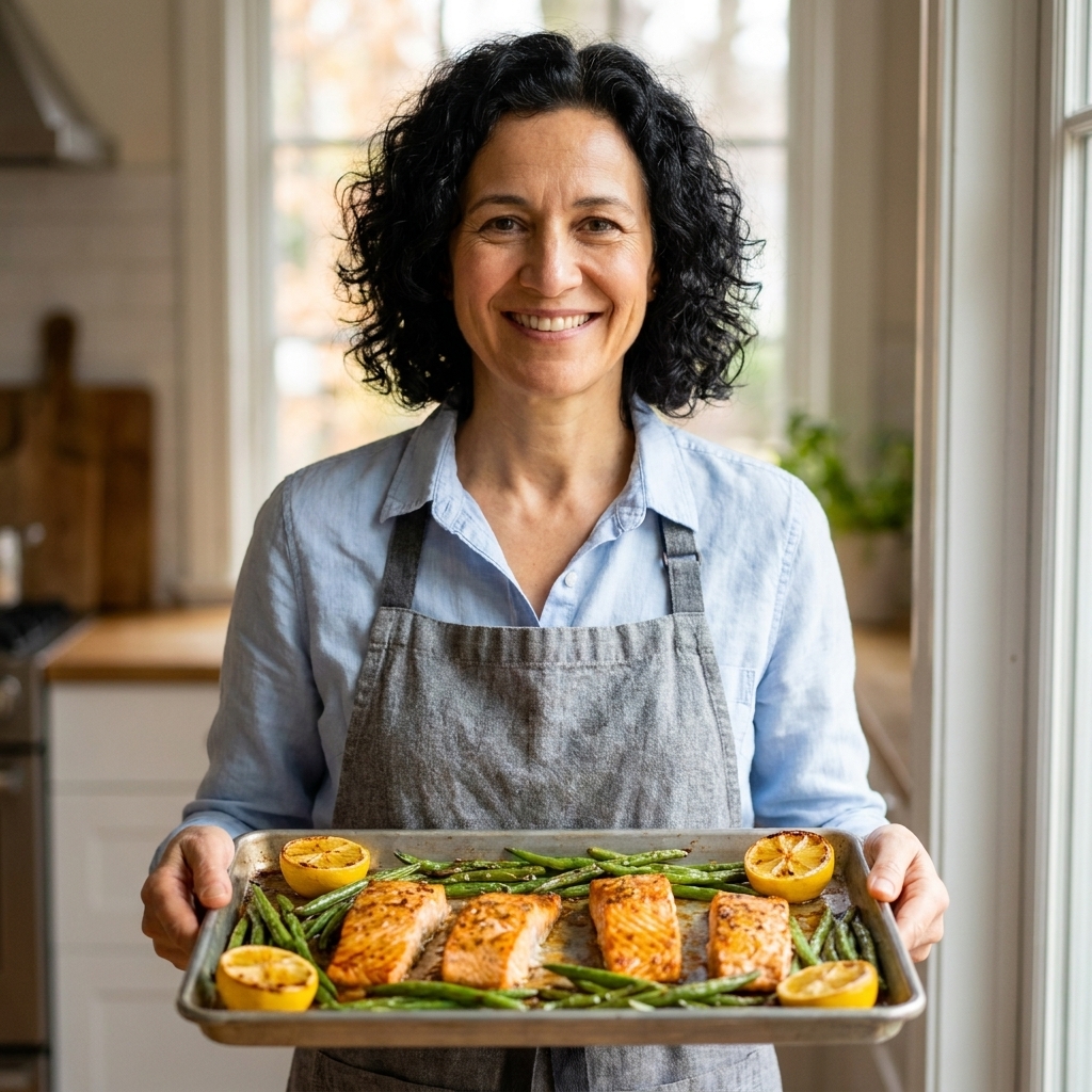 A sheet pan with roasted salmon fillets and blistered green beans, with lemon wedges on the side