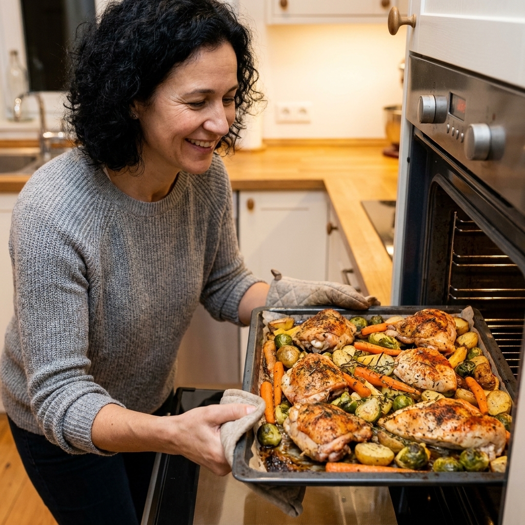 A sheet pan with seasoned chicken and mixed vegetables roasting, with browned edges and visible spices
