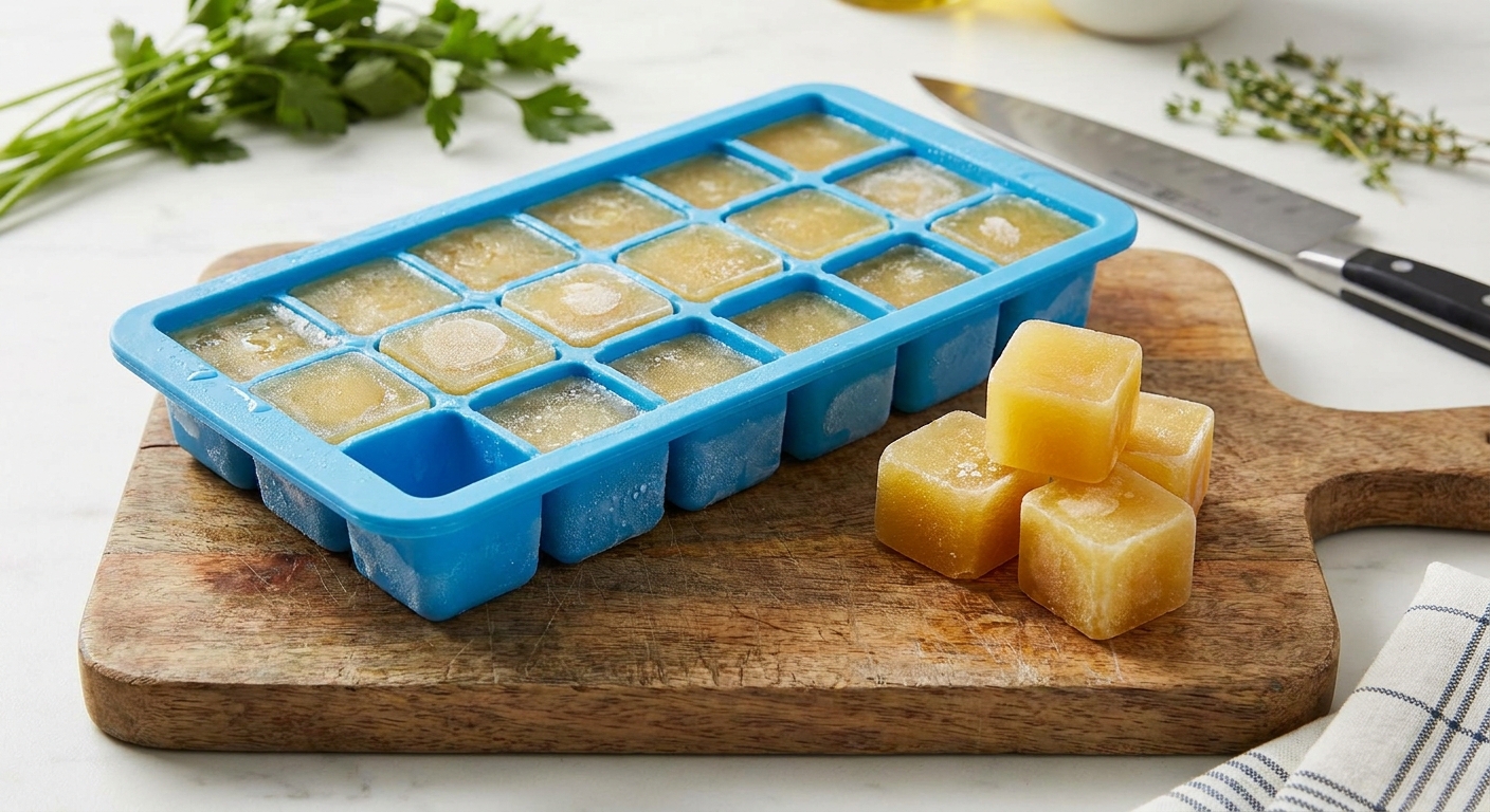 A silicone ice cube tray filled with frozen chicken broth cubes on a cutting board, with a small pile of cubes nearby