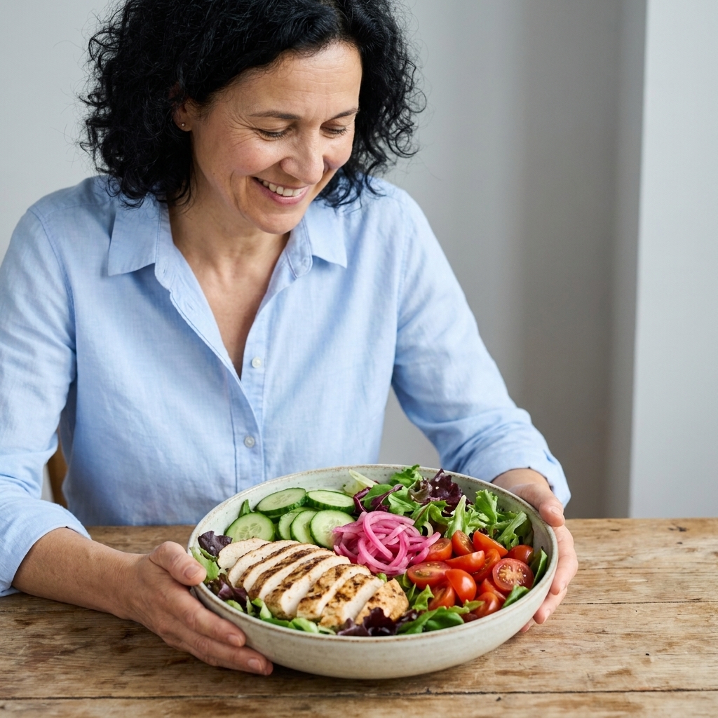 A single salad bowl filled with sliced chicken breast, cucumbers, cherry tomatoes, pickled red onions, and leafy greens on a wooden table