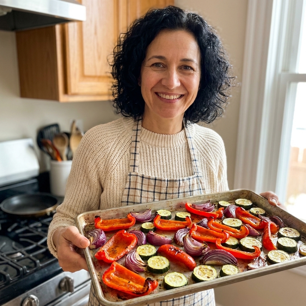 A single sheet pan filled with roasted bell peppers, red onion wedges, and zucchini with browned edges in a home kitchen