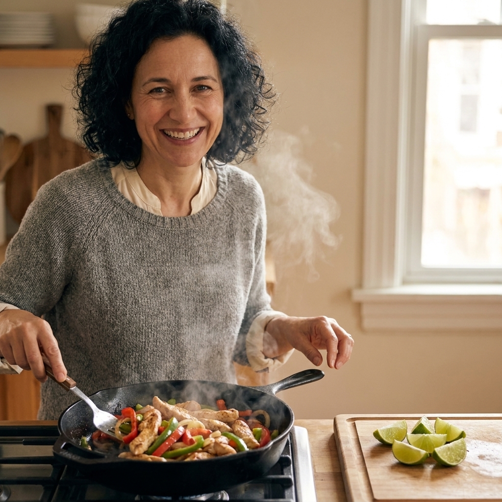 A sizzling skillet with chicken strips, bell peppers, and onions, with lime wedges on a cutting board nearby