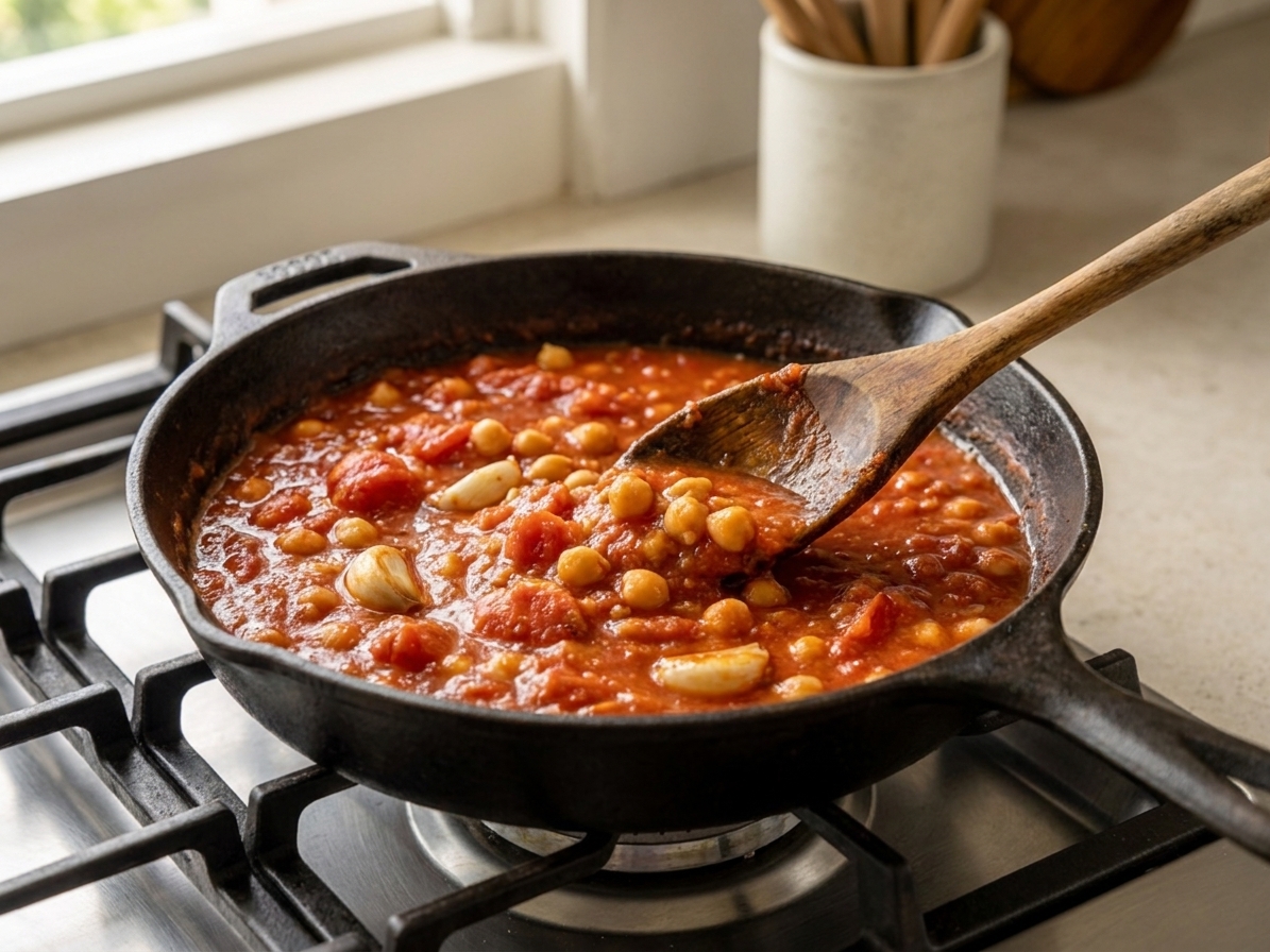 A skillet of chunky tomato sauce with chickpeas and garlic, being stirred with a wooden spoon on a stovetop