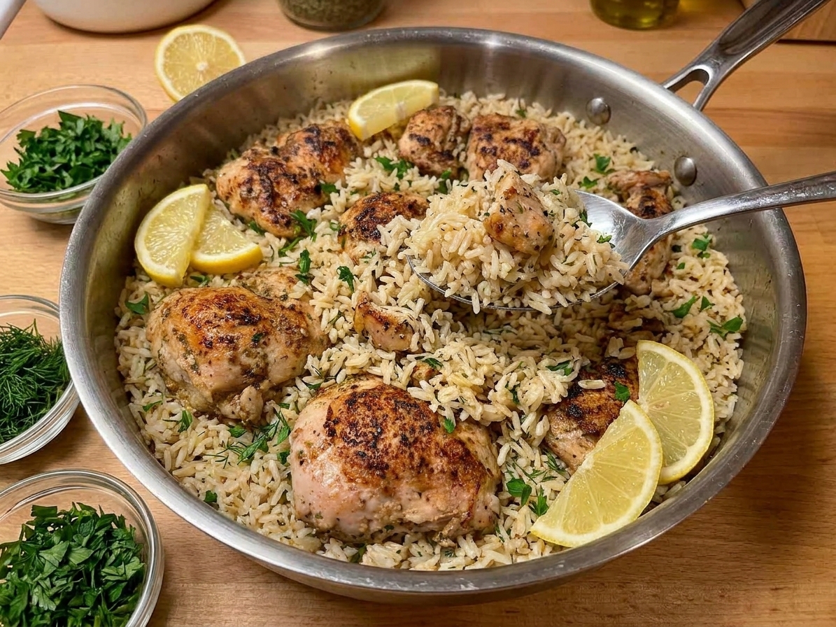 A skillet of cooked chicken and rice being fluffed with a spoon, with lemon wedges and chopped herbs nearby