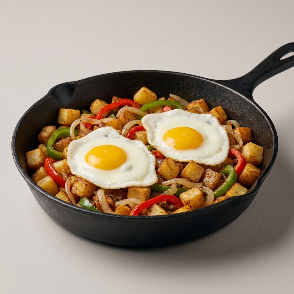 A skillet of crispy diced potatoes with onions and peppers topped with two sunny-side-up eggs