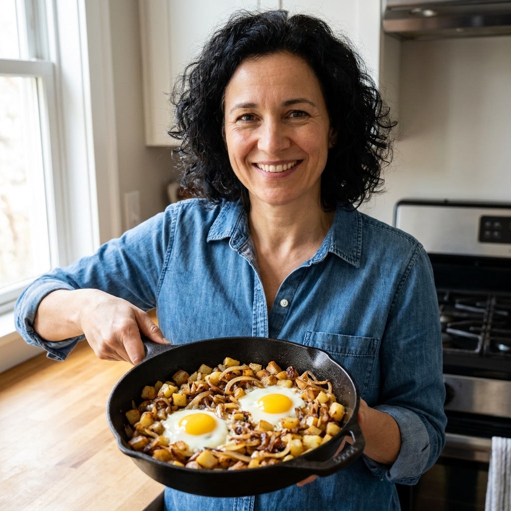 A skillet of crispy potato hash with onions and eggs cooked on top, ready to serve