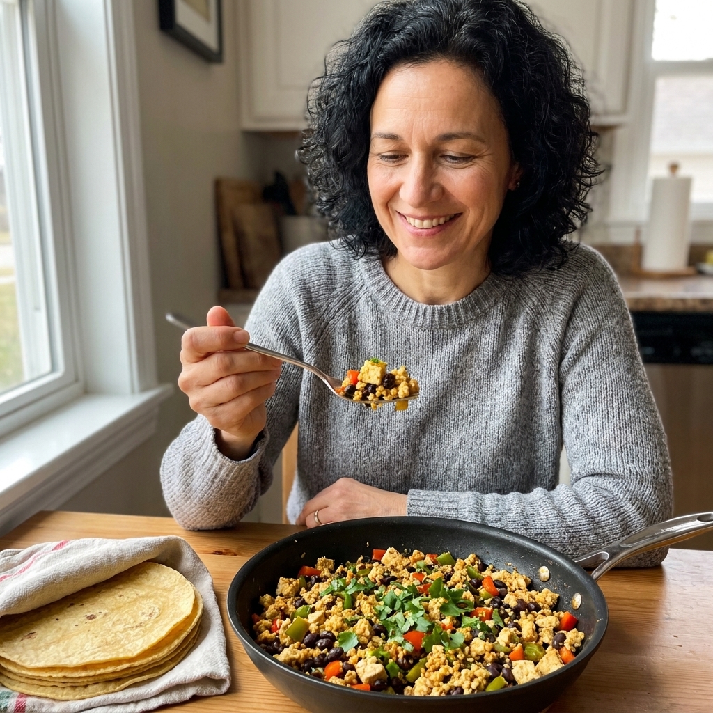 A skillet of crumbled tofu taco scramble with black beans, peppers, and cilantro served with warm tortillas