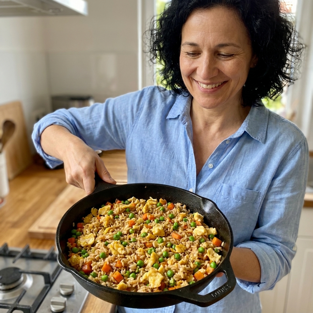 A skillet of egg fried rice with peas, carrots, and scrambled egg pieces, lightly glossy from soy sauce