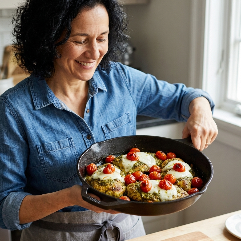 A skillet of pesto-coated chicken cutlets with blistered cherry tomatoes and melted mozzarella