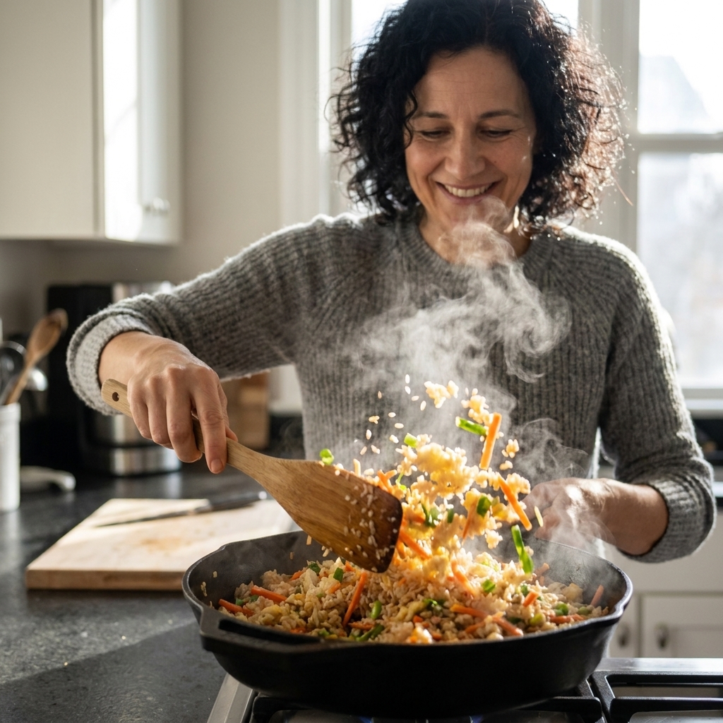 A skillet of sesame egg fried rice with carrots and scallion greens, steam rising as it is tossed with a spatula