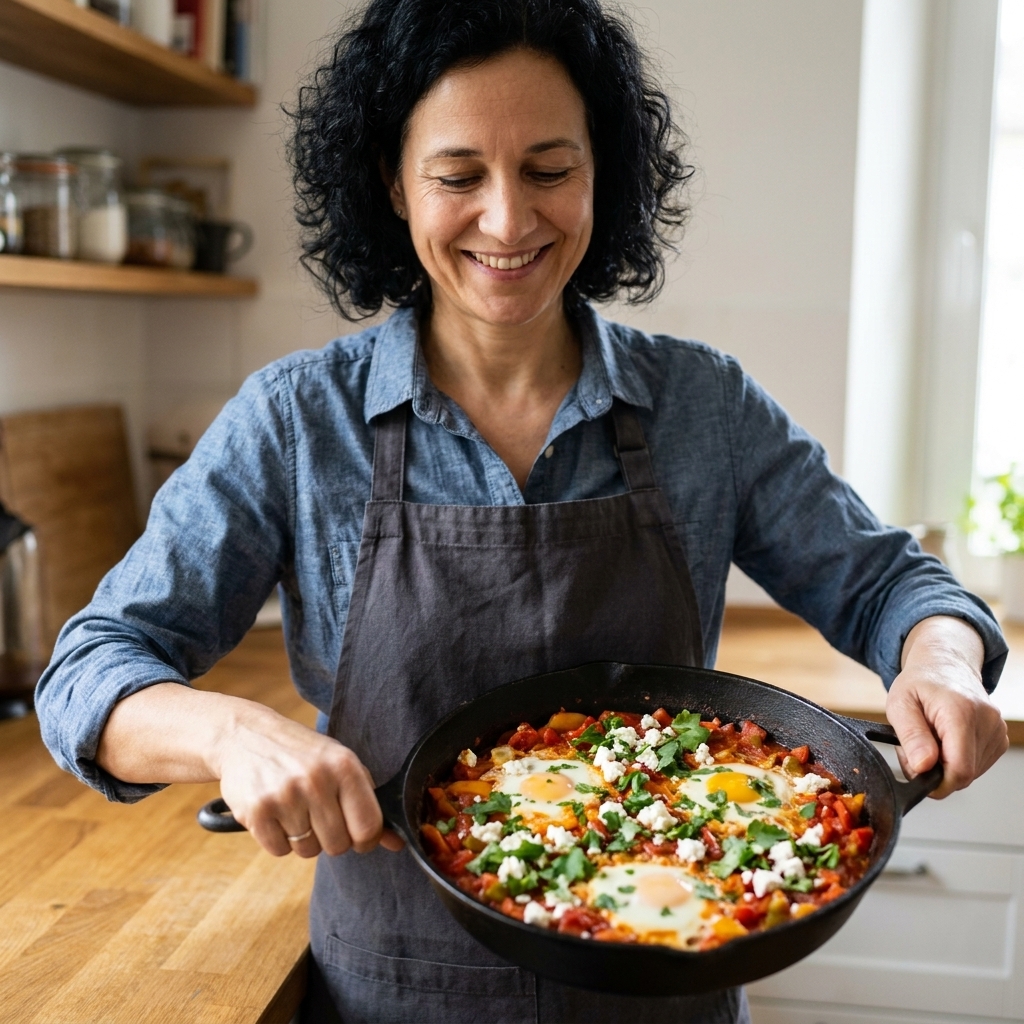 A skillet of shakshuka with eggs nestled in a chunky tomato sauce, sprinkled with feta and herbs