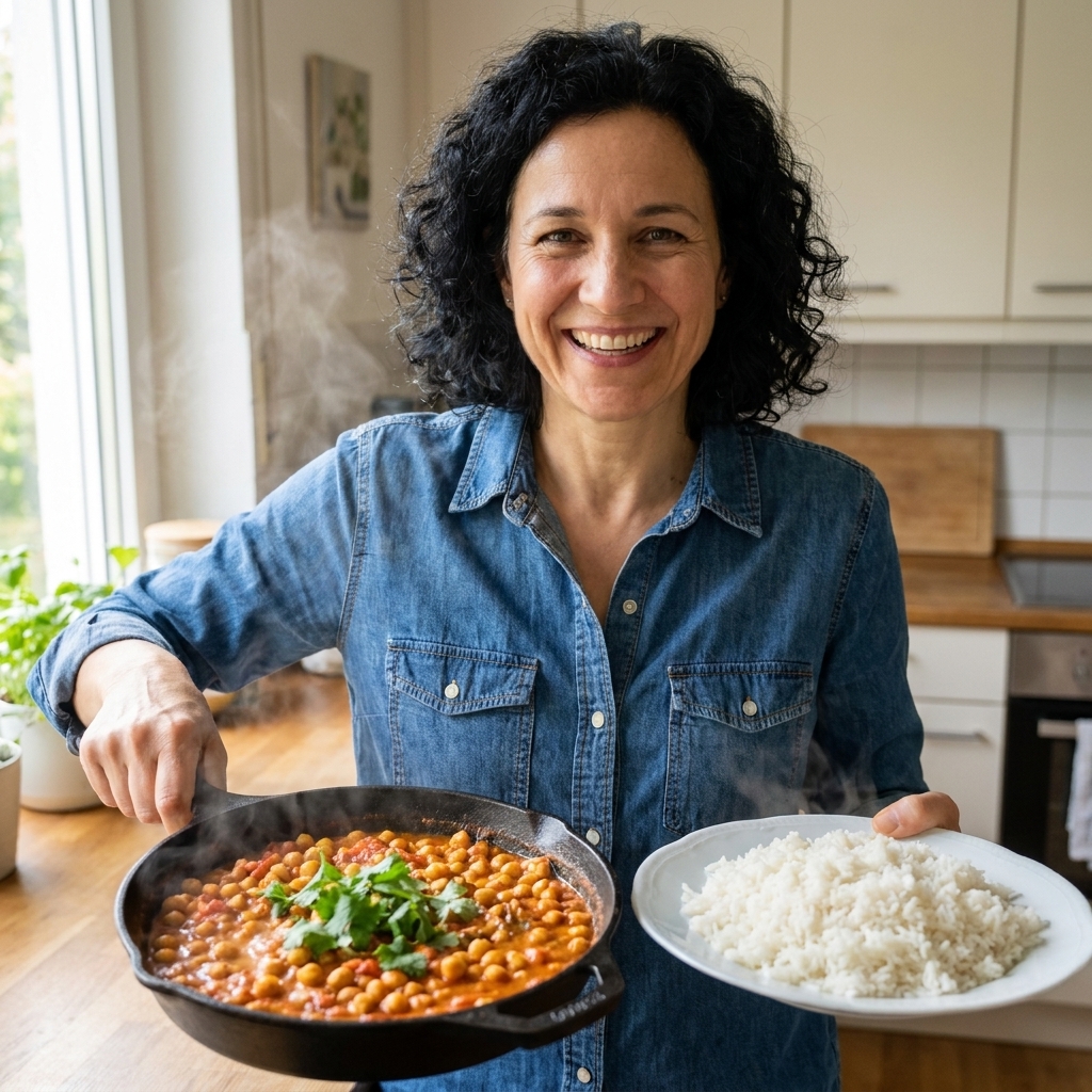 A skillet of spiced creamy chickpeas in tomato sauce served next to fluffy white rice
