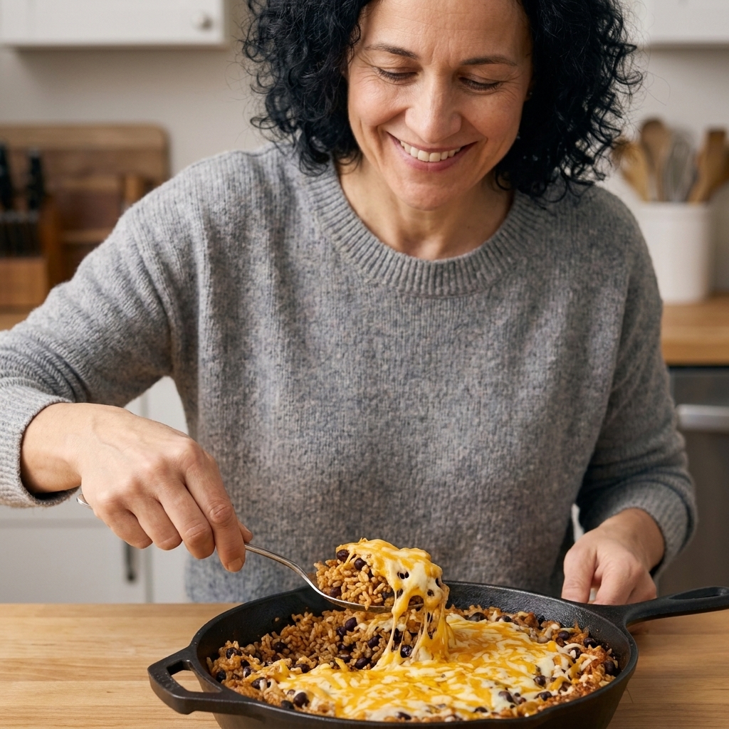 A skillet of taco-seasoned rice with beans and melted cheese being scooped with a spoon