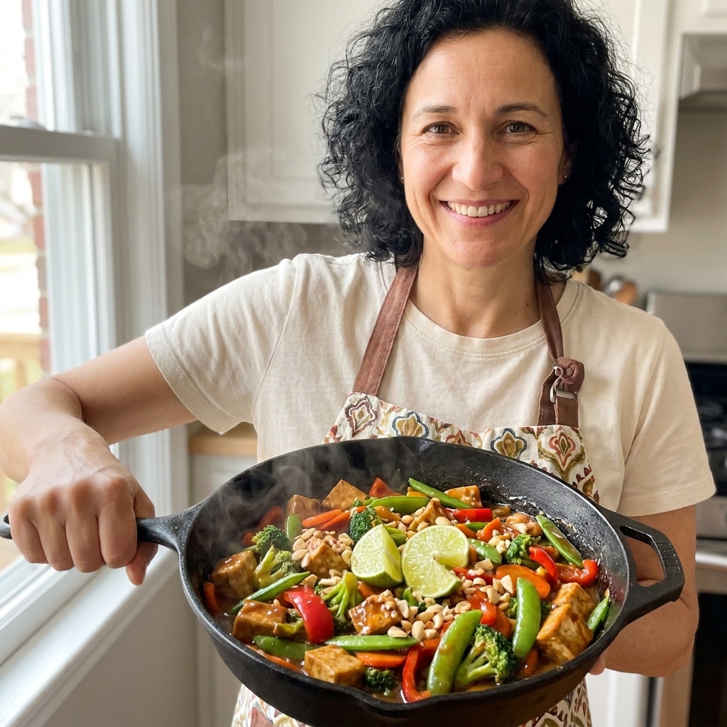 A skillet of tofu and colorful vegetables coated in glossy peanut-lime sauce, ready to serve
