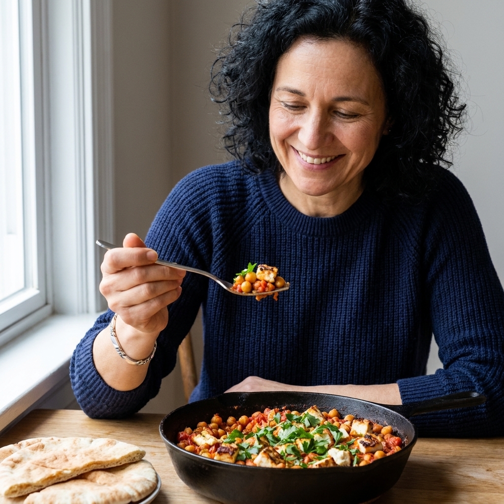 A skillet of tomato-braised chickpeas topped with browned feta and fresh herbs, served with warm pita