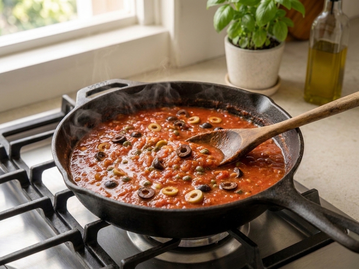 A skillet of tomato sauce with sliced olives and capers simmering, ready to be tossed with pasta
