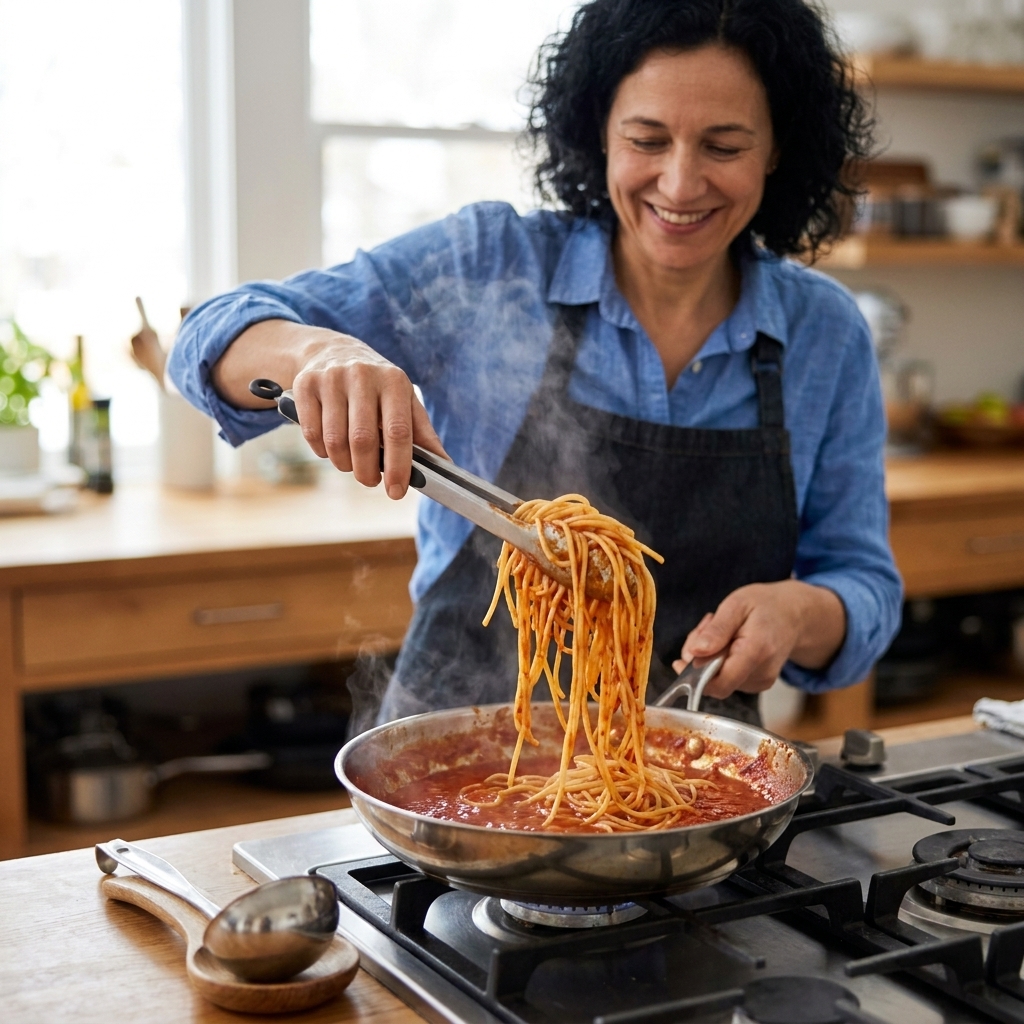 A skillet on the stove with pasta being tossed into a glossy sauce using tongs, with steam rising and a ladle resting nearby