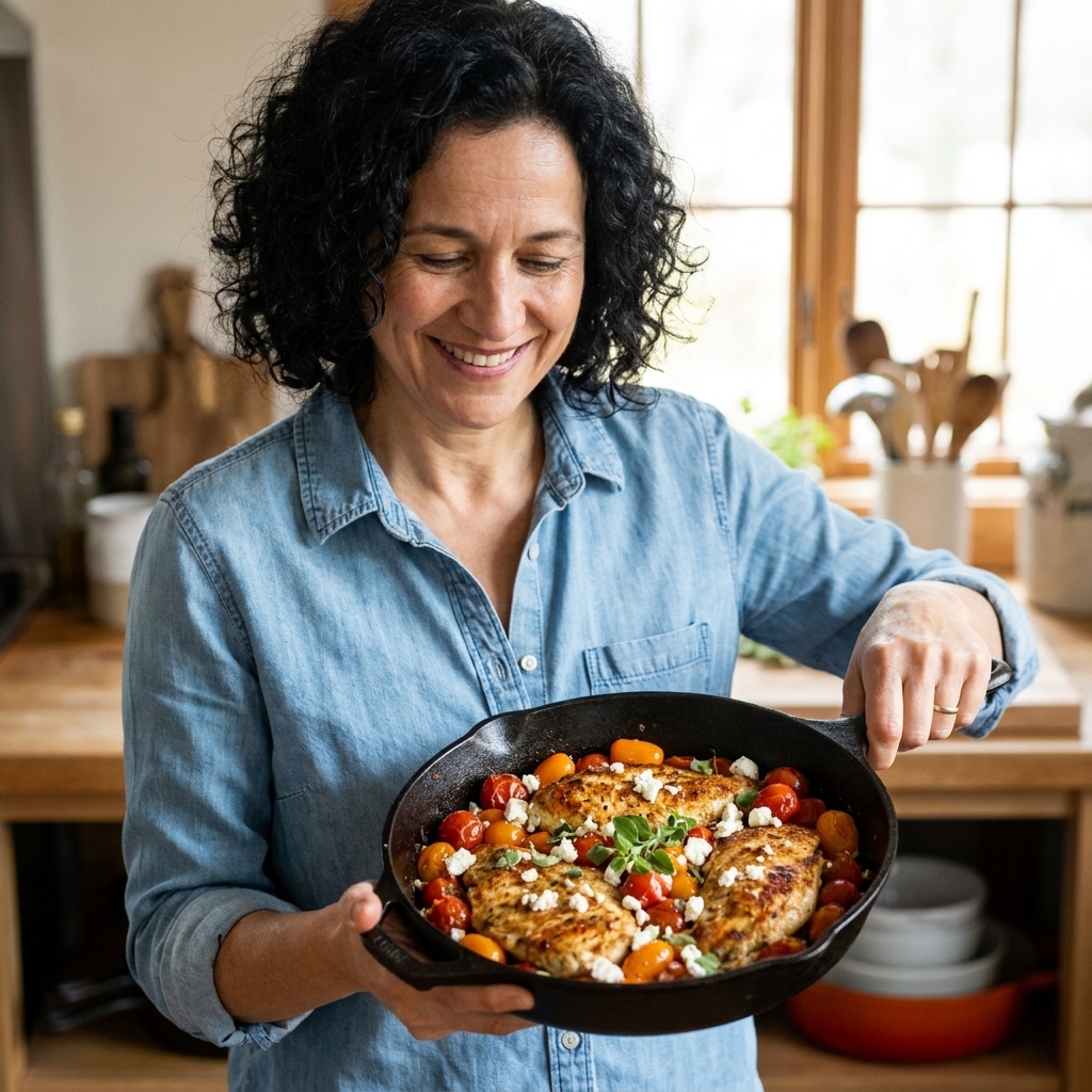 A skillet with seared chicken cutlets nestled among burst cherry tomatoes and crumbled feta