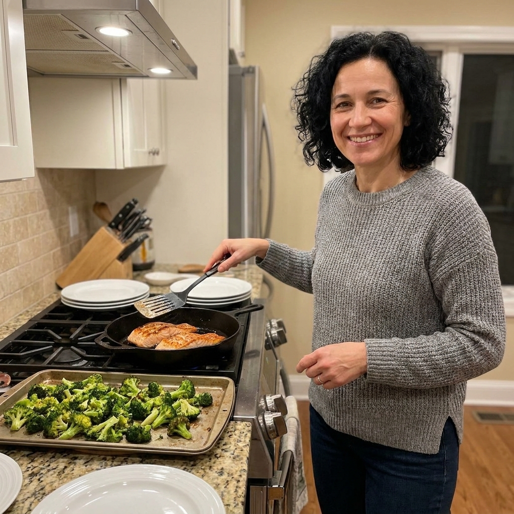 A skillet with seared salmon fillets on the stovetop next to a baking sheet of roasted broccoli on a kitchen counter, ready for plating