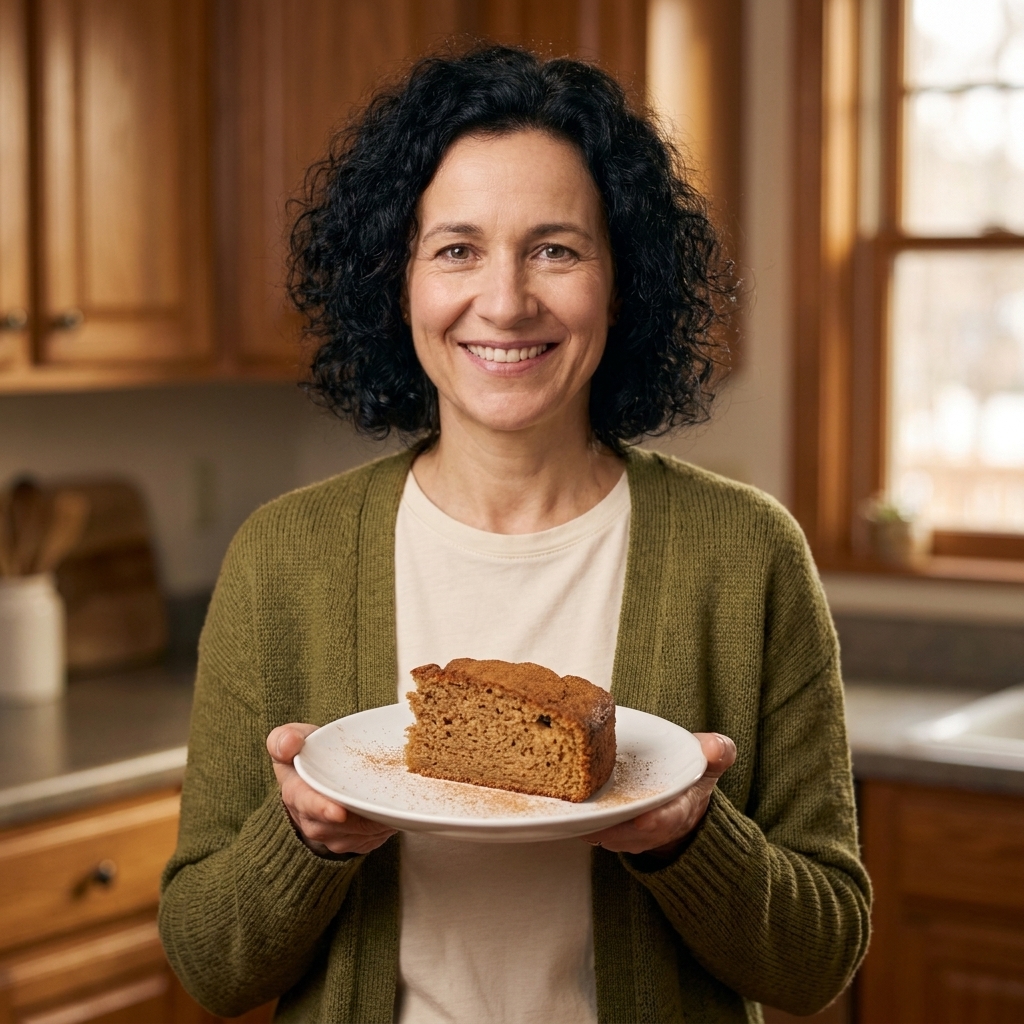 A slice of applesauce spice cake on a plate with a light dusting of cinnamon