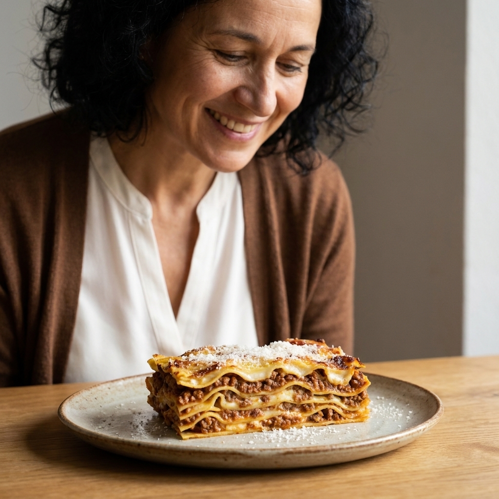 A slice of lasagna alla bolognese showing thin layers of pasta, ragù, and béchamel with a light sprinkle of grated Parmigiano-Reggiano on top